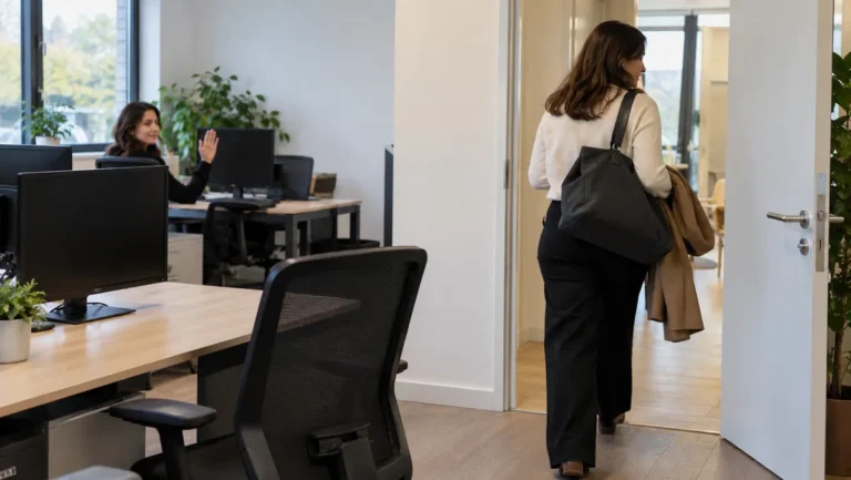 Une salariée quitte le bureau avec son sac de voyage tandis qu'une collègue lui fait signe.