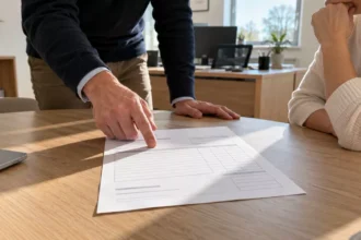 Une facture pour travaux est présentée sur une table de conférence au sein d'une PME aux murs blancs et mobilier bois clair.