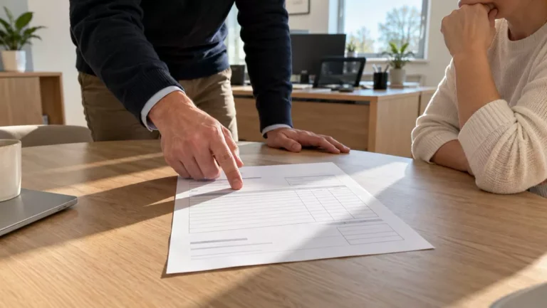 Une facture pour travaux est présentée sur une table de conférence au sein d'une PME aux murs blancs et mobilier bois clair.