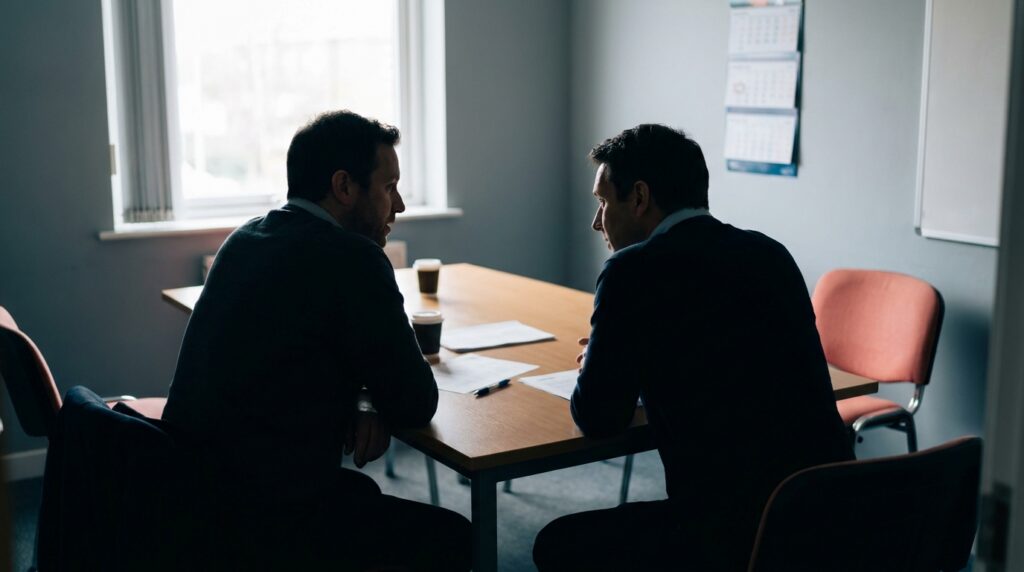 Deux silhouettes de dos face à face assises à une table en conversation rapprochée.