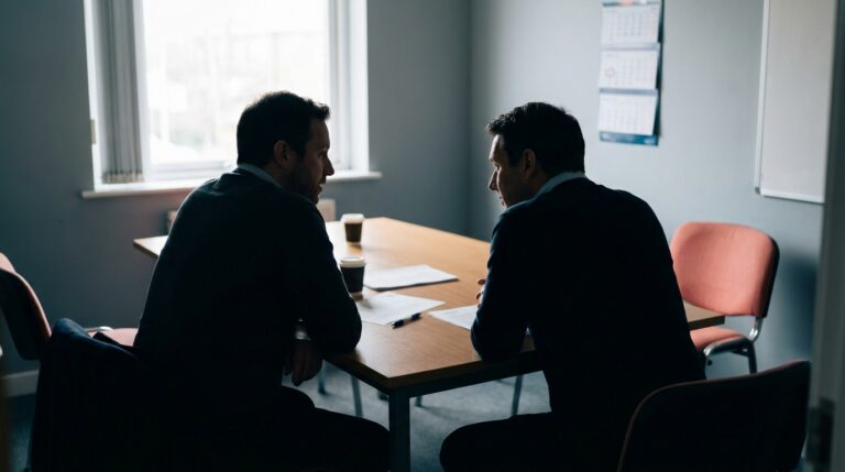 Deux silhouettes de dos face à face assises à une table en conversation rapprochée.