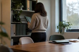 Personne de dos consultant des dossiers fermés sur un classeur simple