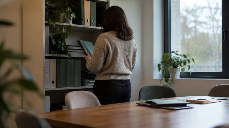 Personne de dos consultant des dossiers fermés sur un classeur simple