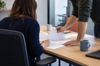 Deux personnes étudient ensemble des documents et des tasses de café sur une table.