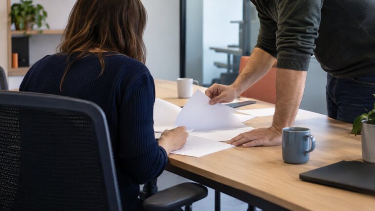 Deux personnes étudient ensemble des documents et des tasses de café sur une table.