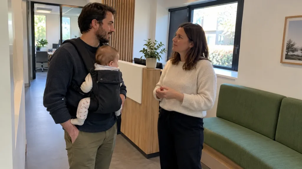 Un jeune père avec son bébé échange avec une responsable RH dans les locaux de son entreprise.
