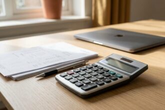 Calculatrice métallique sur bureau en bois clair avec relevés papier et stylo