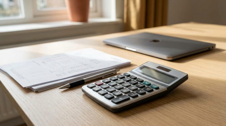 Calculatrice métallique sur bureau en bois clair avec relevés papier et stylo