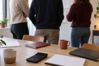 Personnes debout autour d'une table de réunion avec calculatrice et documents.