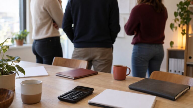 Personnes debout autour d'une table de réunion avec calculatrice et documents.