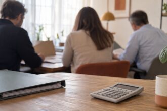 Trois personnes de dos assises autour d'une table, calculatrice et dossier