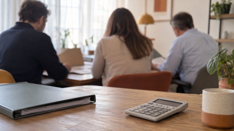 Trois personnes de dos assises autour d'une table, calculatrice et dossier