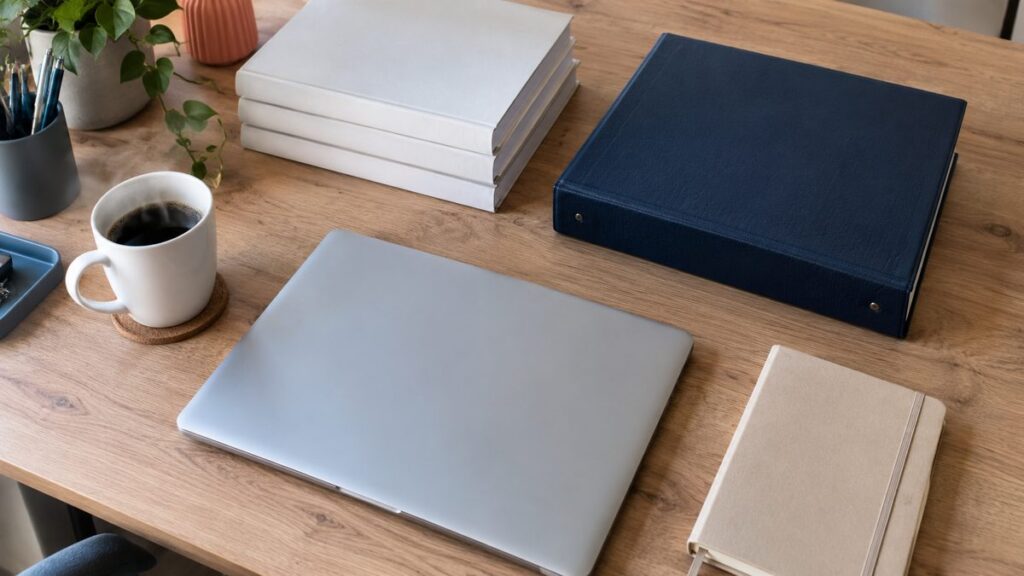 Plan de travail bureautique avec ordinateur portable, classeur et documents empilés
