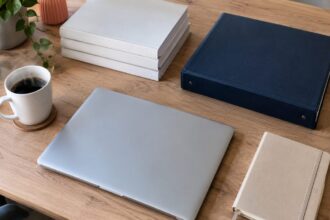 Plan de travail bureautique avec ordinateur portable, classeur et documents empilés