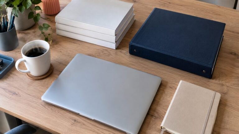 Plan de travail bureautique avec ordinateur portable, classeur et documents empilés