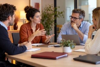 Collaborateurs en réunion autour d'une table avec dossiers et calculatrice.