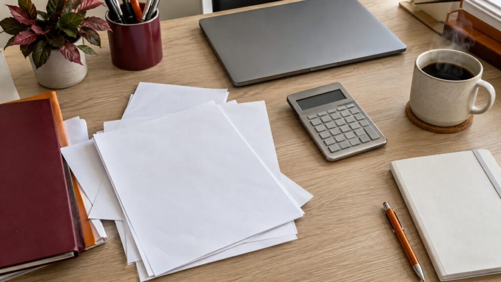 Plan de travail de comptable avec calculatrice, documents, bloc-notes et tasse de café.