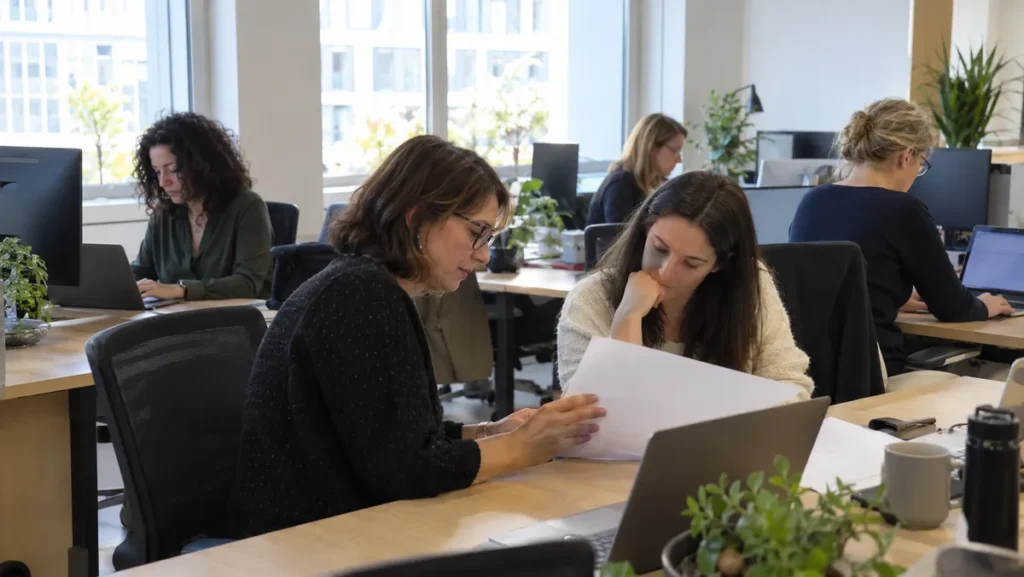 Plusieurs femmes de tous âges travaillent ensemble dans un open space moderne et lumineux, certaines devant leur ordinateur, deux d'entre elles discutent un dossier