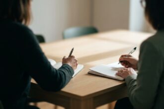 Deux personnes assises de dos à une table de réunion, mains avec stylo et carnet.