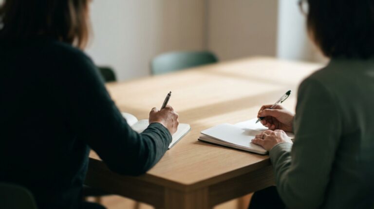 Deux personnes assises de dos à une table de réunion, mains avec stylo et carnet.