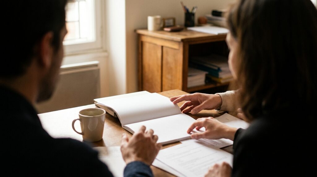 Deux personnes en conversation autour d'une table avec bloc-notes, feuilles et café