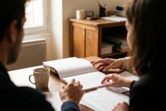 Deux personnes en conversation autour d'une table avec bloc-notes, feuilles et café