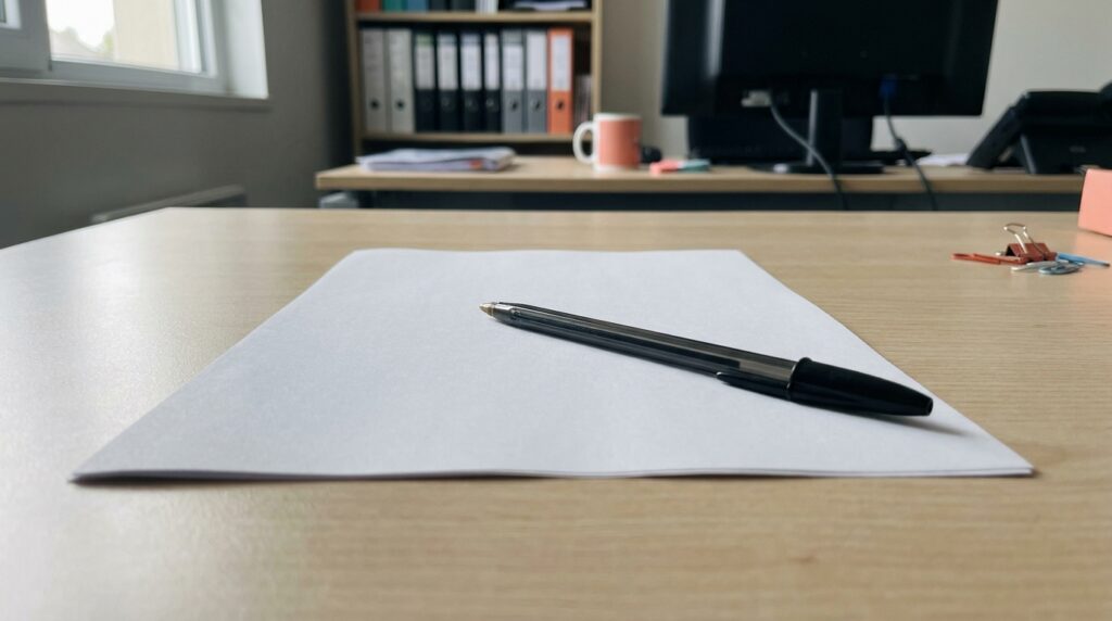 Feuille blanche et stylo noir sur une table de bureau en bois, lumière naturelle.