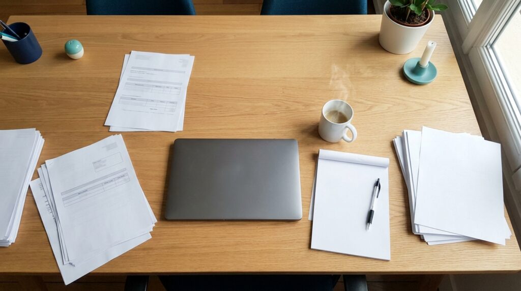 Table de bureau avec documents blancs, ordinateur portable fermé, bloc-notes et tasse fumante