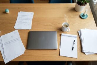 Table de bureau avec documents blancs, ordinateur portable fermé, bloc-notes et tasse fumante