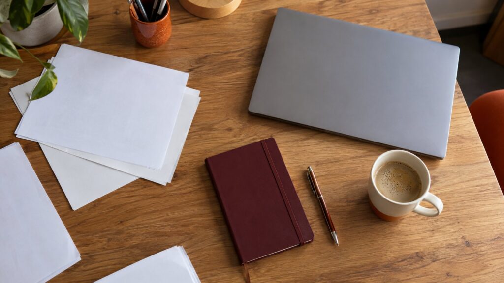 Table de travail avec documents, bloc-notes, ordinateur portable fermé et tasse de café