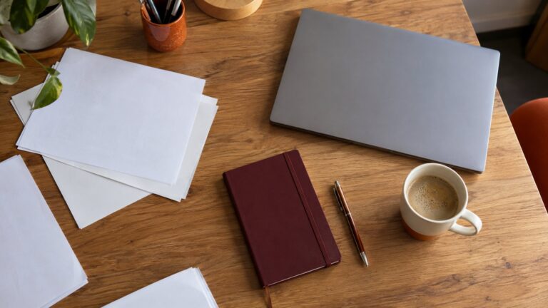 Table de travail avec documents, bloc-notes, ordinateur portable fermé et tasse de café