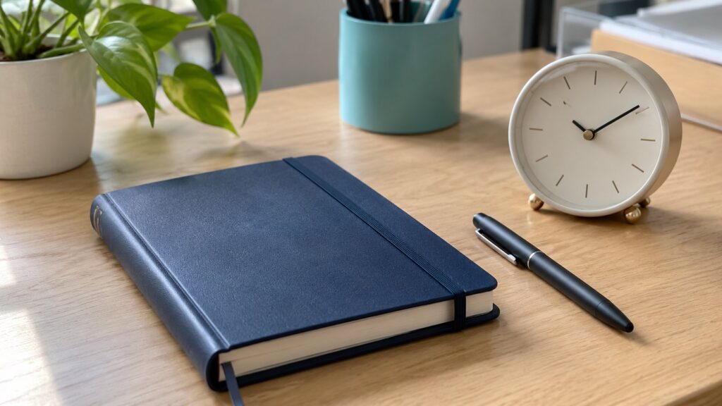 Agenda fermé, montre et stylo noir posés sur table en bois clair