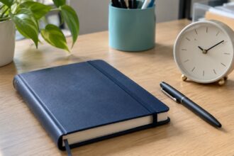 Agenda fermé, montre et stylo noir posés sur table en bois clair