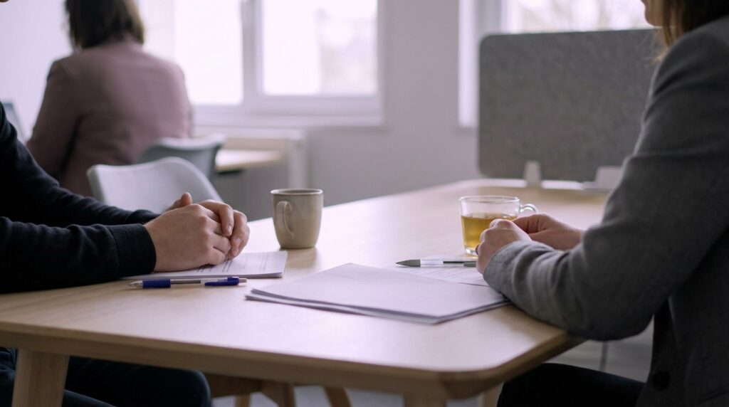 Bureau de réunion avec documents éparpillés, stylos, tasses et deux paires de mains