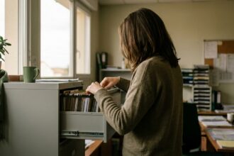 Personne de dos qui retire un dossier suspendu d'un classeur métallique gris.