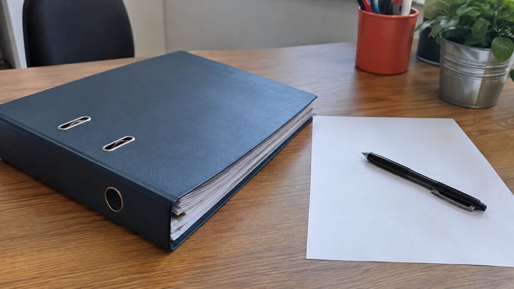Dossier fermé et stylo noir sur bureau en bois avec feuille blanche.