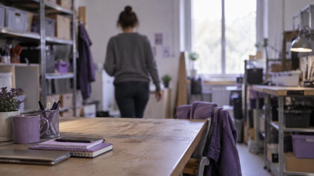 Silhouette de dos s'éloignant d'un poste de travail vide dans un petit bureau