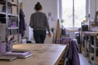 Silhouette de dos s'éloignant d'un poste de travail vide dans un petit bureau