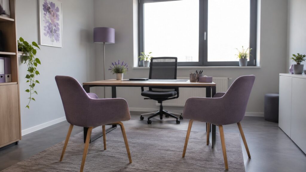 Deux chaises vides face à face dans un bureau minimaliste avec lumière naturelle douce.