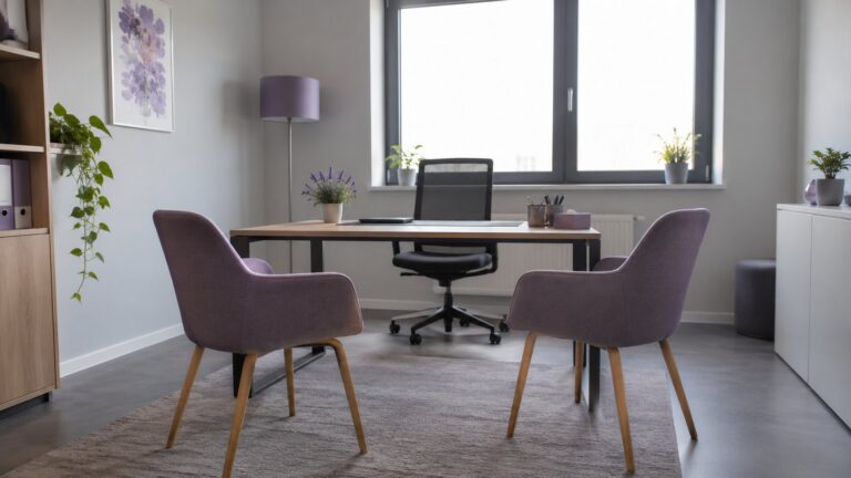 Deux chaises vides face à face dans un bureau minimaliste avec lumière naturelle douce.