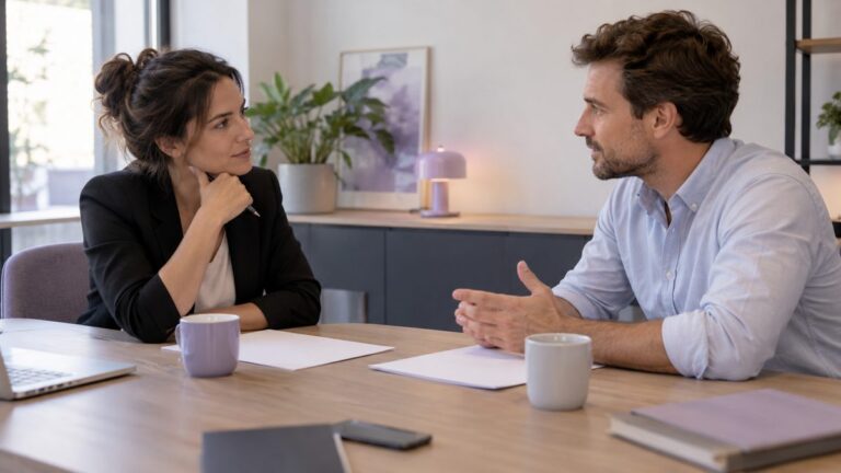 Deux professionnels discutant face à face à une table avec documents et café