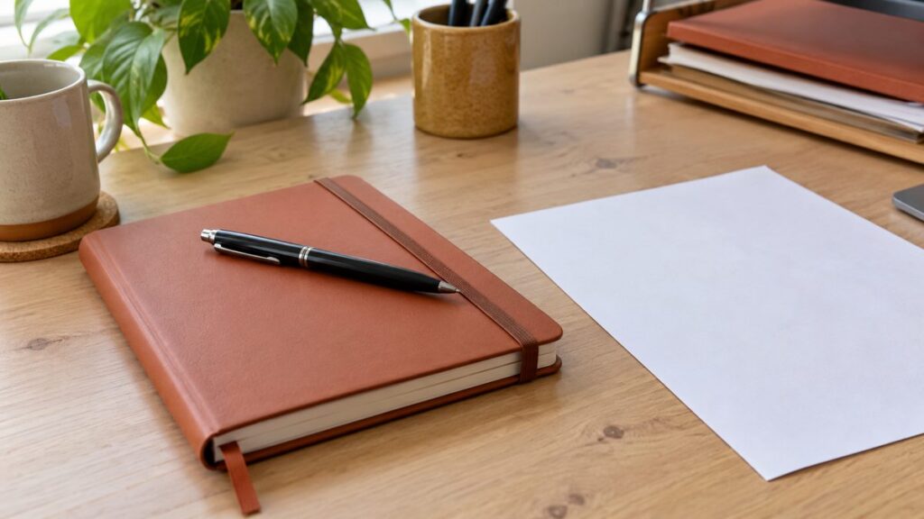Agenda fermé avec stylo noir et feuille blanche sur bureau en bois clair, lumière naturelle.