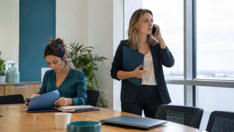 Femme au téléphone avec dossier et collègue assise examinant des documents en réunion.