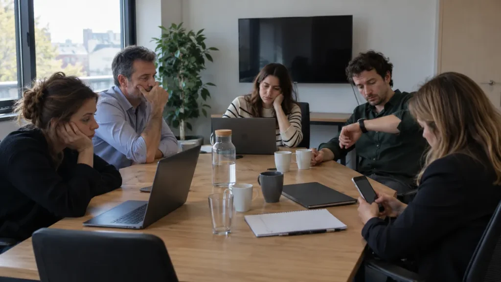 Réunion d'équipe qui s'éternise dans une salle de réunion moderne : cinq personnes autour de la table, l'une regarde sa montre, une autre consulte discrètement son téléph