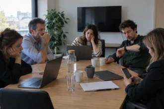 Réunion d'équipe qui s'éternise dans une salle de réunion moderne : cinq personnes autour de la table, l'une regarde sa montre, une autre consulte discrètement son téléph