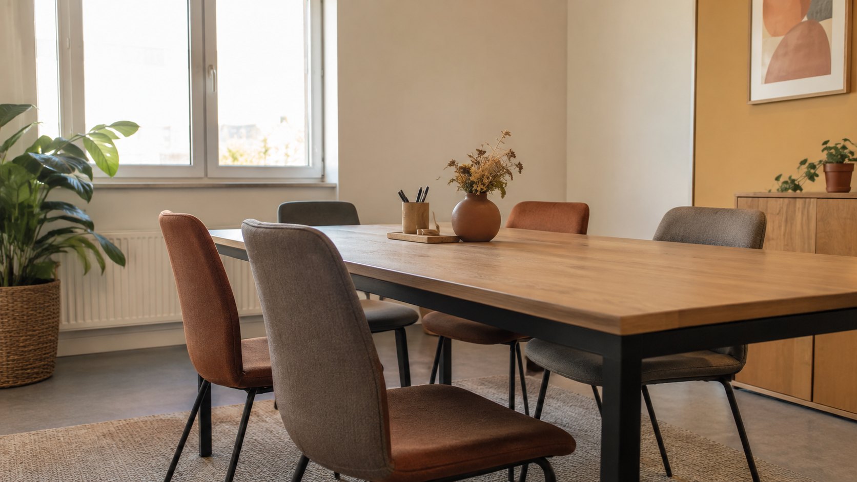 Table de réunion en bois avec chaises vides autour, lumière naturelle douce d'une fenêtre.