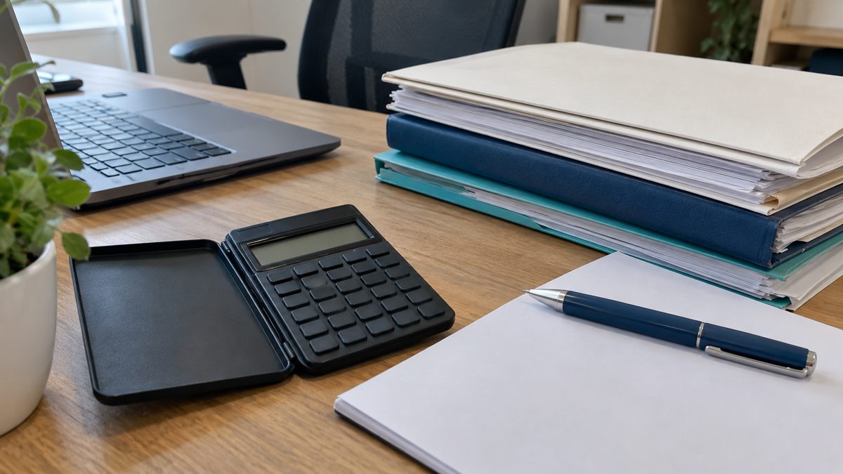 Calculatrice ouverte, liasse de devis et factures, stylo sur poste administratif.