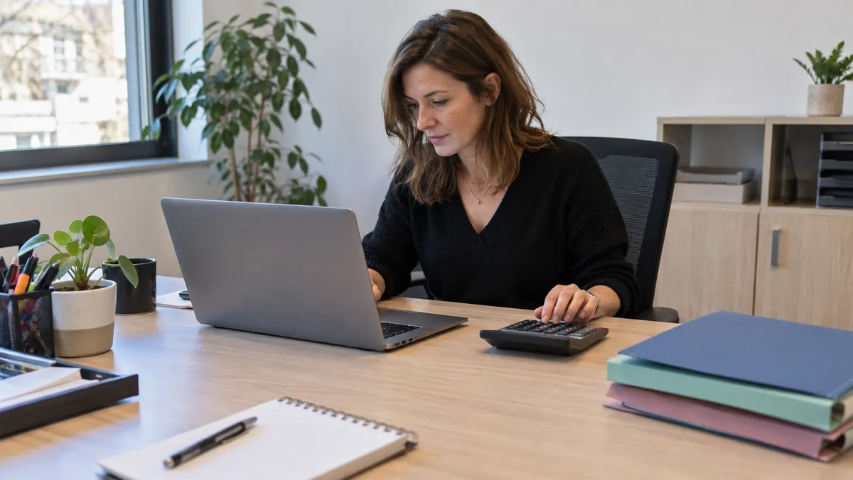 Une responsable RH calcule une indemnité sur un ordinateur portable moderne avec une calculatrice de bureau, dossiers fermés à côté, bureau clair d'une PME, lumière natur