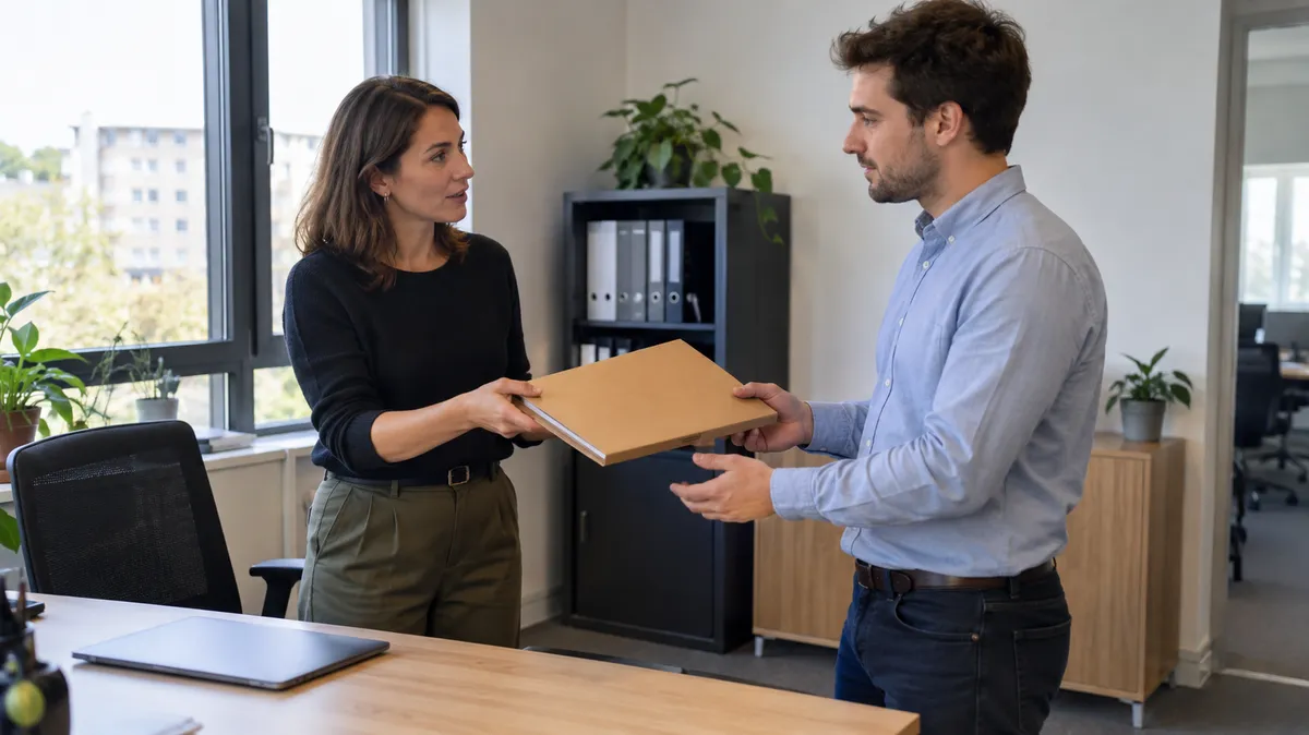 Une manager confie un dossier fermé à un collaborateur dans un bureau moderne, tous deux debout près d'un bureau, regards échangés, geste de confiance, lumière naturelle,