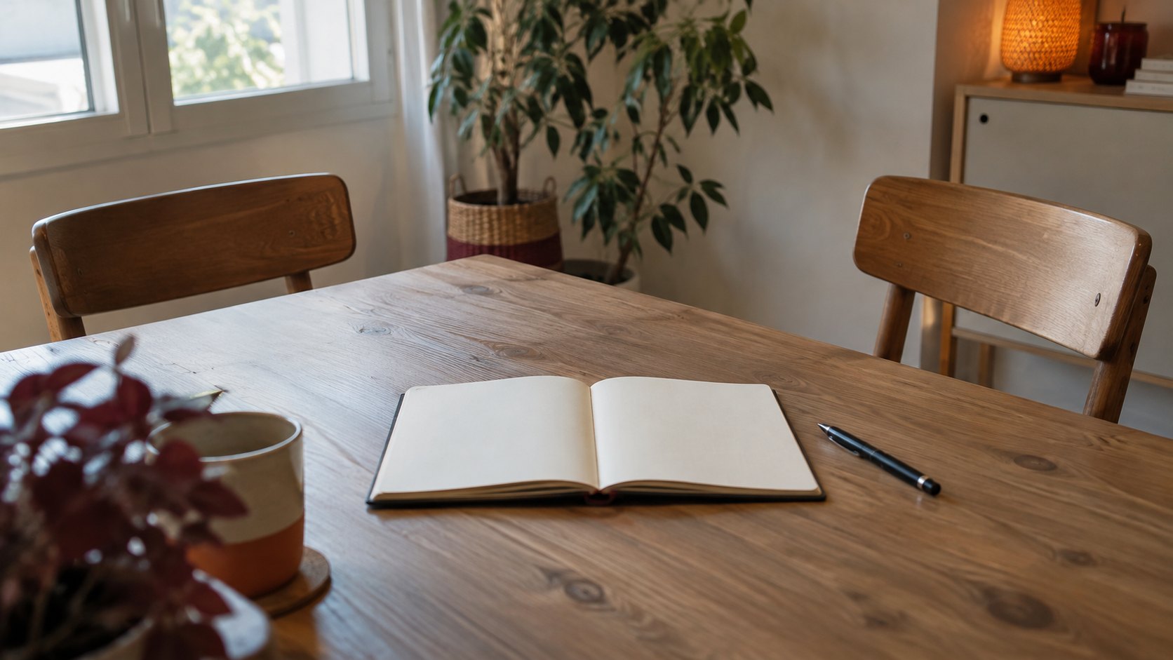 Table de réunion avec deux chaises face à face, carnet vierge et stylo